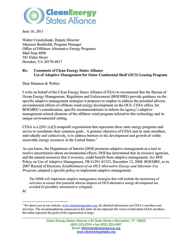 CESA Comments to BOEMRE on Use of Adaptive Management for OCS Leasing