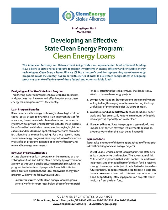 Developing an Effective State Clean Energy Program Clean Energy Loans Clean Energy States