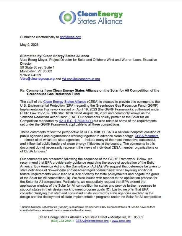 Comments on the Solar for All Competition of the Greenhouse Gas