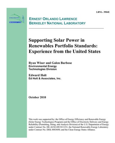 LBNL-Supporting-Solar-Power-RPS2010 cover
