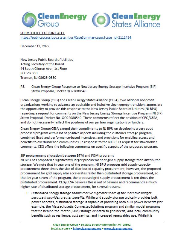 Comments on New Jersey Energy Storage Incentive Program Straw Proposal